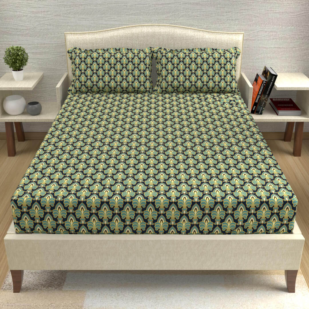 buy mint green and navy blue intricate all over cotton double bed bedsheets online – front view